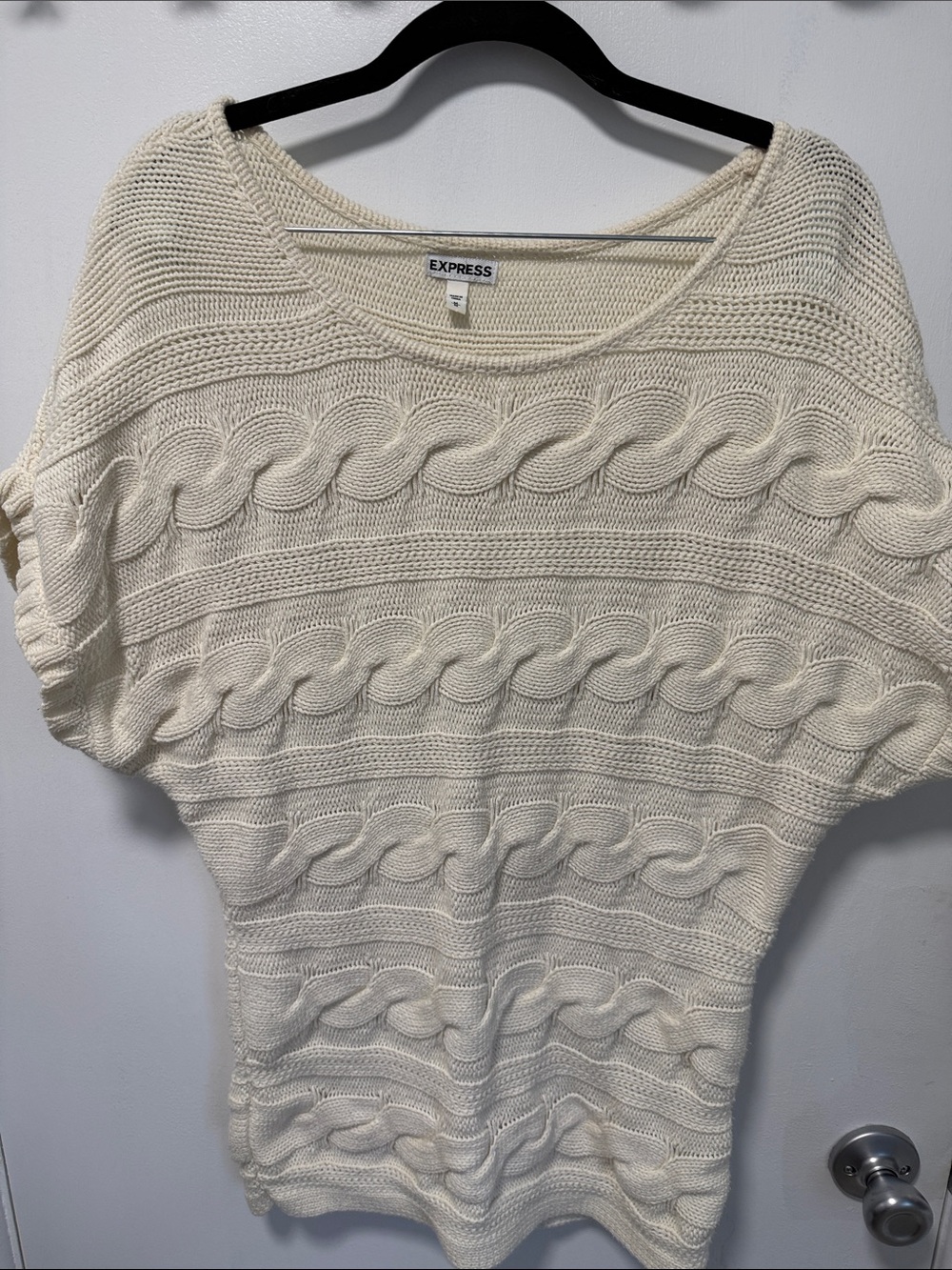 Express Cream Cable-Knit Scoopneck Short Sleeve Sweater